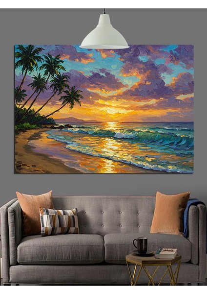 Gün Batımında Tropik Sahil Dekoratif Kanvas - Mdf Ahşap Tablo indirimleri