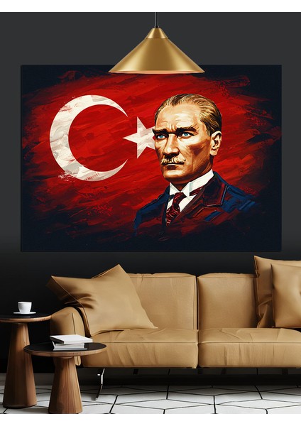 Türk Bayrağı Önünde Atatürk Dekoratif Kanvas - Mdf Ahşap Tablo