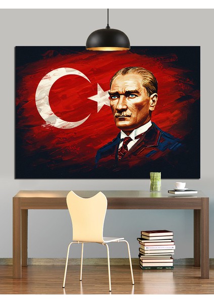 Türk Bayrağı Önünde Atatürk Dekoratif Kanvas - Mdf Ahşap Tablo fırsatları