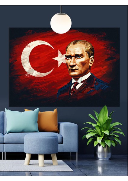Türk Bayrağı Önünde Atatürk Dekoratif Kanvas - Mdf Ahşap Tablo indirimleri