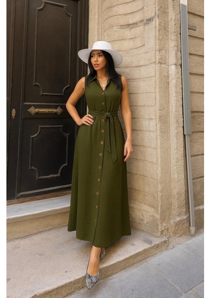Kadın Düğme Detay Kuşak Dahil Elbise