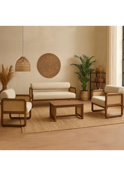 Alaves Hazeranjüt Çay Seti Ceviz Ahşap,sütlü KAHVE(1ADET Ikili BERJER2ADET Tekli Berjer 1ADET Sehpa)