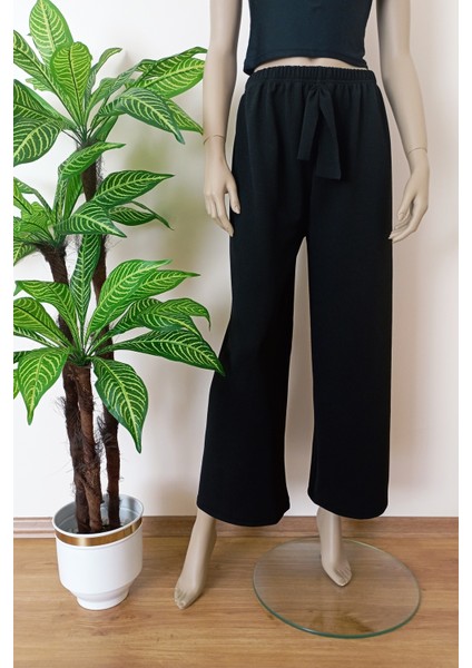 Kadın Siyah Dökümlü Krep Kumaş Beli Lastikli Bol Paça Pantolon