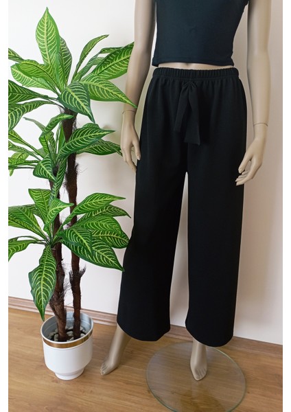 Kadın Siyah Dökümlü Krep Kumaş Beli Lastikli Bol Paça Pantolon
