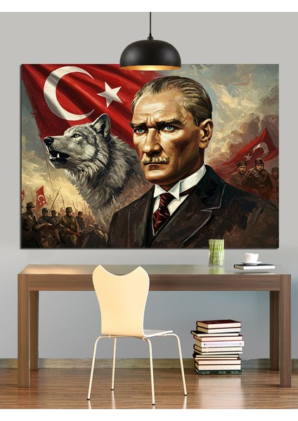 Atatürk ve Kurt Resmi Dekoratif Kanvas - Mdf Ahşap Tablo