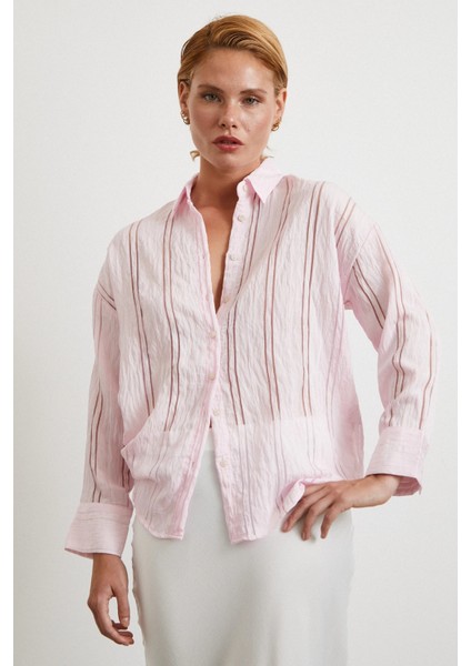 Organze Çizgili Gömlek Pembe