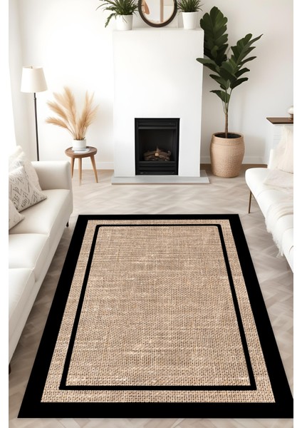 Dijital Baskı Jüt Görünüm Siyah Çerçeveli Modern Makinada Yıkanabilir Salon Mutfak Yolluk Halısı