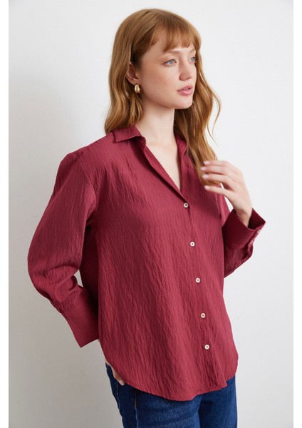 Paralel Çizgili Gömlek Bordo
