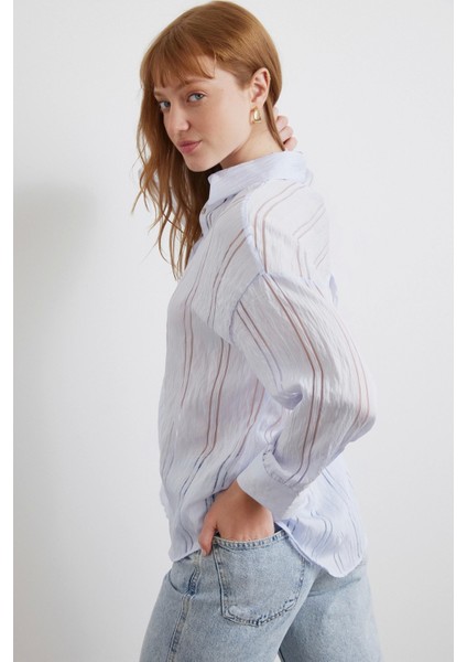 Organze Çizgili Gömlek Mavi