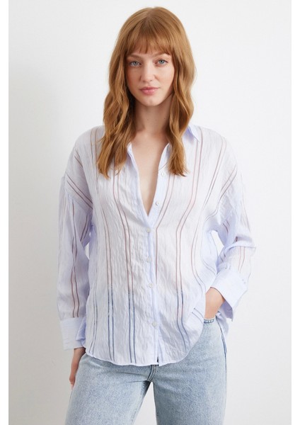 Organze Çizgili Gömlek Mavi fiyatları