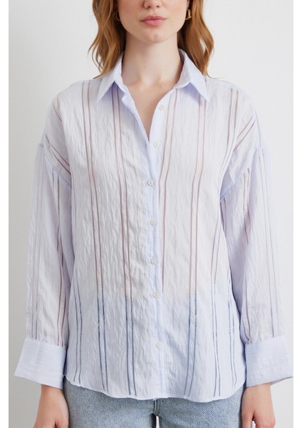 Organze Çizgili Gömlek Mavi fırsatları