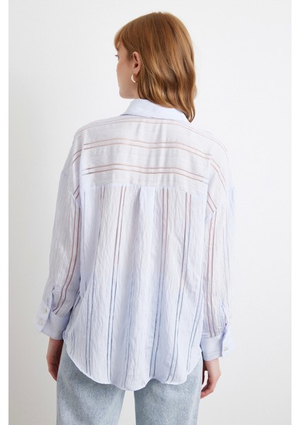 Organze Çizgili Gömlek Mavi indirimleri