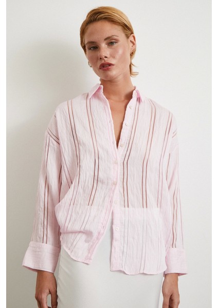 Organze Çizgili Gömlek Pembe fırsatları