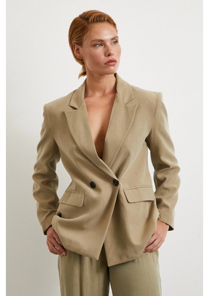 Çift Düğmeli Keten Blazer Ceket Haki