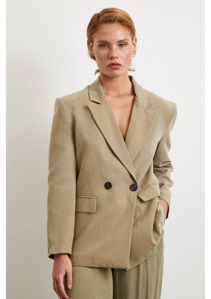 Çift Düğmeli Keten Blazer Ceket Haki modelleri