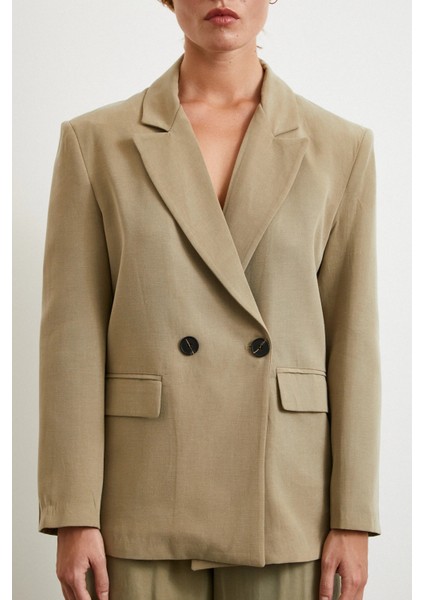 Çift Düğmeli Keten Blazer Ceket Haki fırsatları