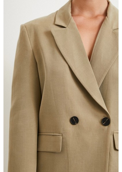 Çift Düğmeli Keten Blazer Ceket Haki indirimleri