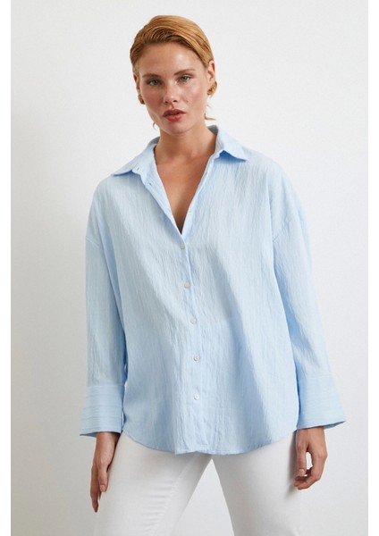 Kabartma Çizgili Oversize Gömlek Mavi