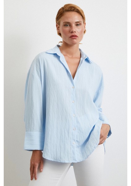 Kabartma Çizgili Oversize Gömlek Mavi fiyatları