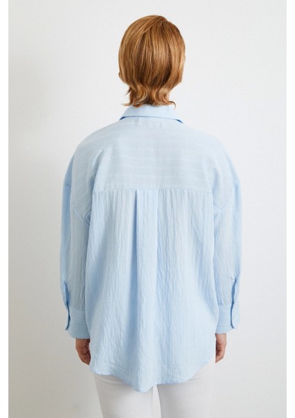 Kabartma Çizgili Oversize Gömlek Mavi indirimleri