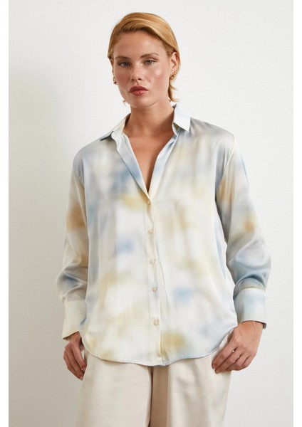 Ebruli Desen Saten Gömlek Buz Mavisi