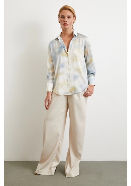 Ebruli Desen Saten Gömlek Buz Mavisi fiyatları