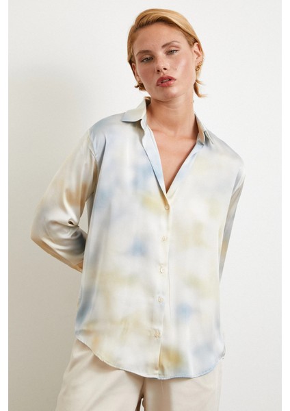 Ebruli Desen Saten Gömlek Buz Mavisi modelleri