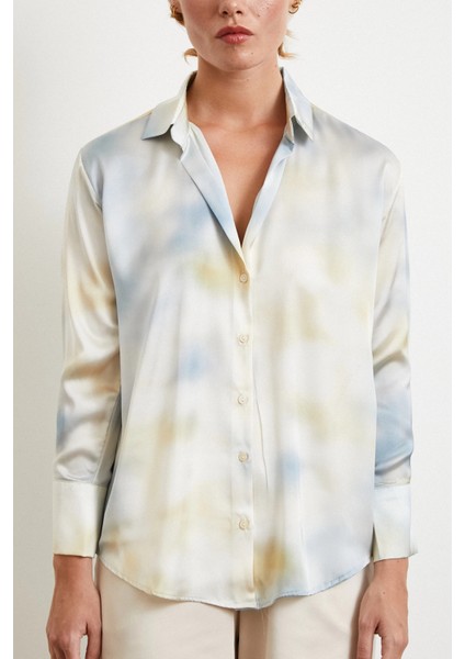 Ebruli Desen Saten Gömlek Buz Mavisi fırsatları