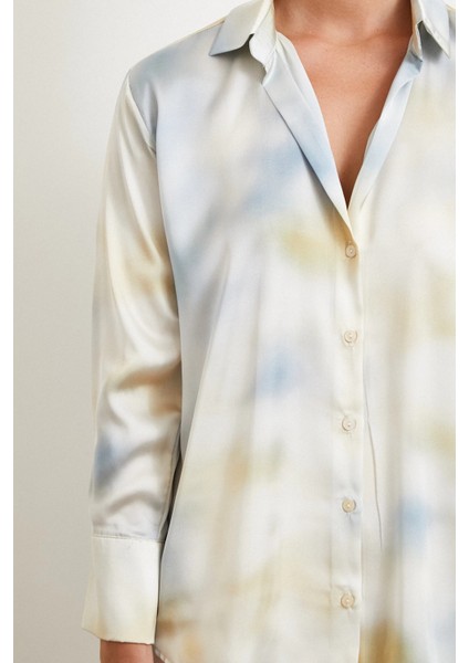 Ebruli Desen Saten Gömlek Buz Mavisi indirimleri