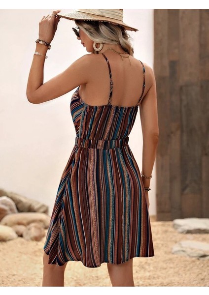 Kadın Ip Askılı Kruvaze Yakalı Beli Lastikli Desenli Süprem Elbise modelleri