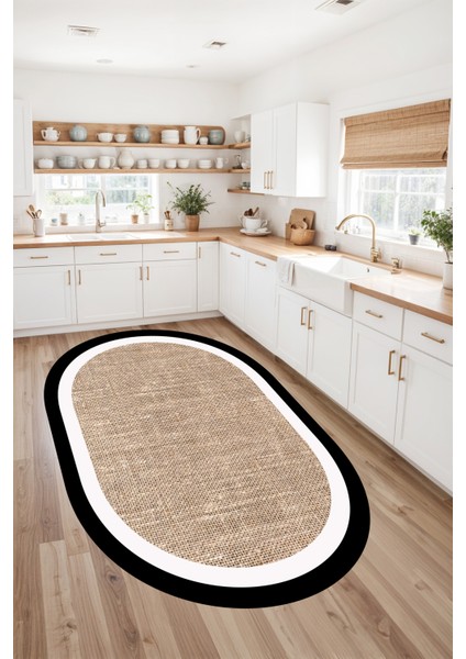 Dijital Baskı Jüt Görünüm Siyah Beyaz Çerçeveli Oval Makinada Yıkanabilir Salon Mutfak Yolluk Halısı