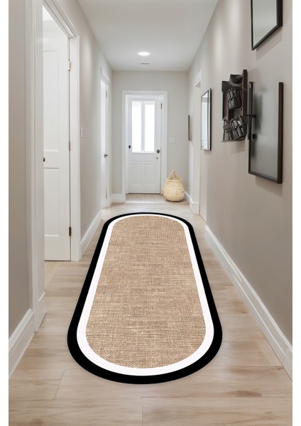 Dijital Baskı Jüt Görünüm Siyah Beyaz Çerçeveli Oval Makinada Yıkanabilir Salon Mutfak Yolluk Halısı fiyatları