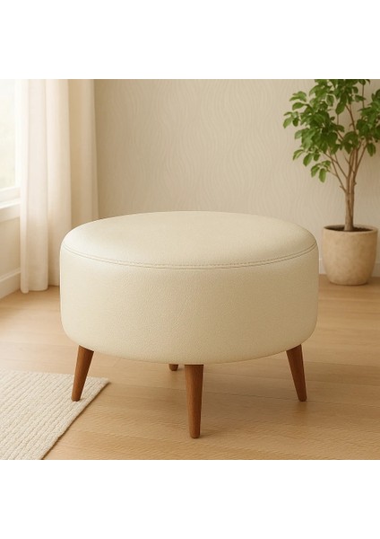 Büyük Yuvarlak Puf - Deri Kumaş - Ahşap Ayak - Krem