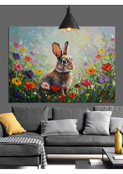 Çiçekler Içinde Sevimli Tavşan Dekoratif Kanvas - Mdf Ahşap Tablo
