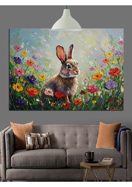 Çiçekler Içinde Sevimli Tavşan Dekoratif Kanvas - Mdf Ahşap Tablo fiyatları