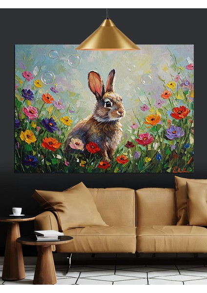 Çiçekler Içinde Sevimli Tavşan Dekoratif Kanvas - Mdf Ahşap Tablo indirimleri