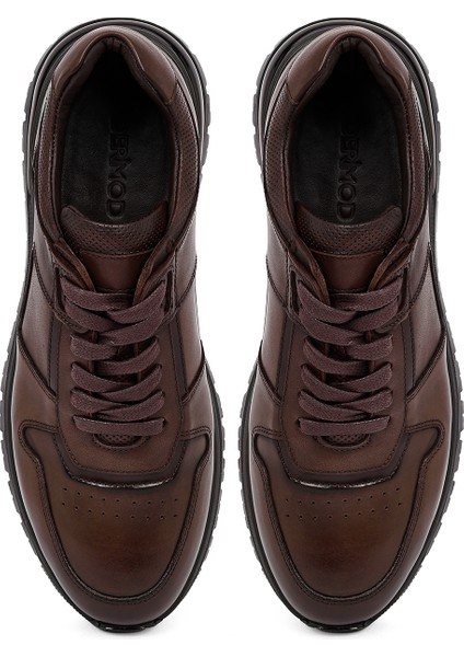 Erkek Kahverengi Bağcıklı Deri Casual Sneaker 25WFD677818
