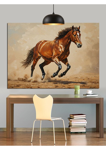 Koşan Kahverengi At Çizimi Dekoratif Kanvas - Mdf Ahşap Tablo