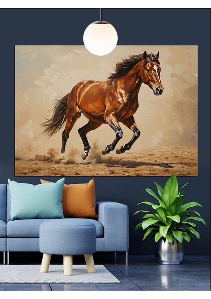 Koşan Kahverengi At Çizimi Dekoratif Kanvas - Mdf Ahşap Tablo fiyatları