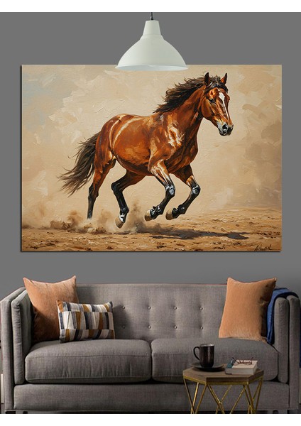 Koşan Kahverengi At Çizimi Dekoratif Kanvas - Mdf Ahşap Tablo indirimleri