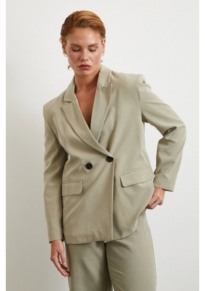 Çift Düğmeli Keten Blazer Ceket Gri modelleri