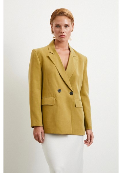 Çift Düğmeli Keten Blazer Ceket Olive