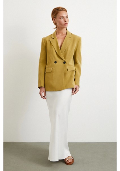Çift Düğmeli Keten Blazer Ceket Olive fiyatları