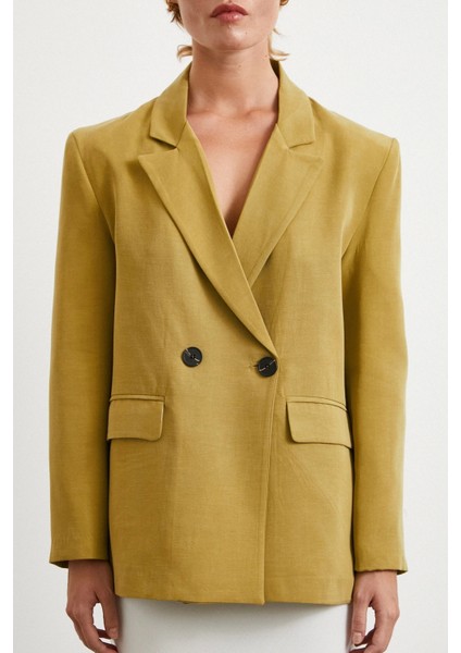 Çift Düğmeli Keten Blazer Ceket Olive fırsatları