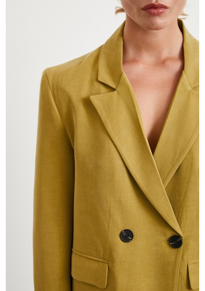 Çift Düğmeli Keten Blazer Ceket Olive indirimleri