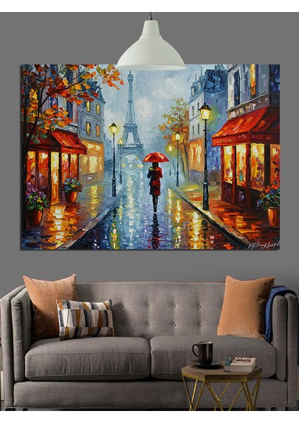 Yağmurlu Sokakta Kırmızı Şemsiye Dekoratif Kanvas - Mdf Ahşap Tablo fiyatları