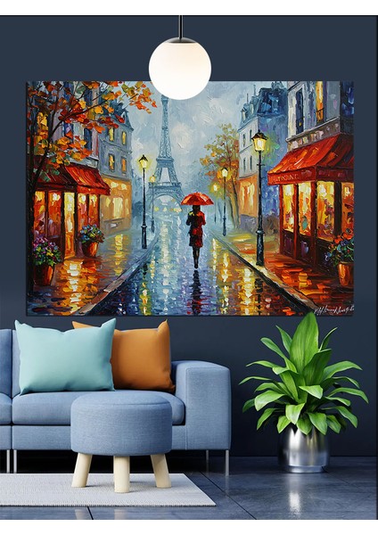 Yağmurlu Sokakta Kırmızı Şemsiye Dekoratif Kanvas - Mdf Ahşap Tablo fırsatları