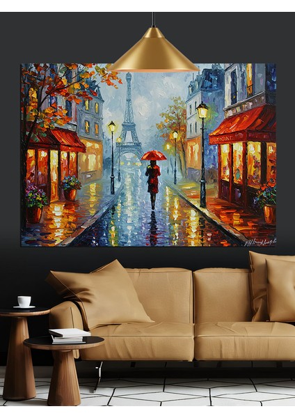 Yağmurlu Sokakta Kırmızı Şemsiye Dekoratif Kanvas - Mdf Ahşap Tablo indirimleri