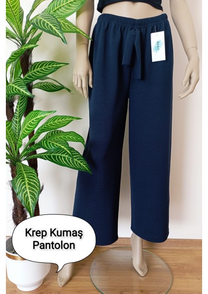 Kadın Lacivert Dökümlü Krep Kumaş Beli Lastikli Bol Paça Pantolon