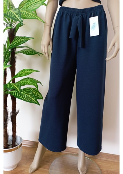 Kadın Lacivert Dökümlü Krep Kumaş Beli Lastikli Bol Paça Pantolon modelleri